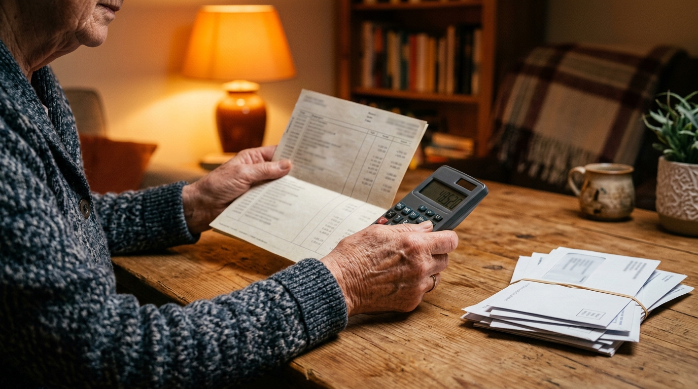 Retraitée tenant un relevé bancaire et une calculatrice