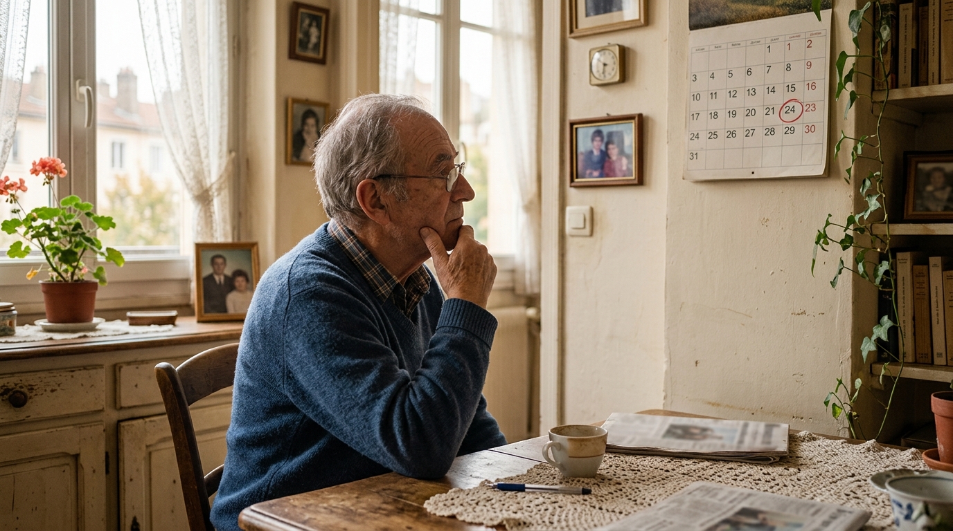 Retraité regardant une date encerclée sur un calendrier