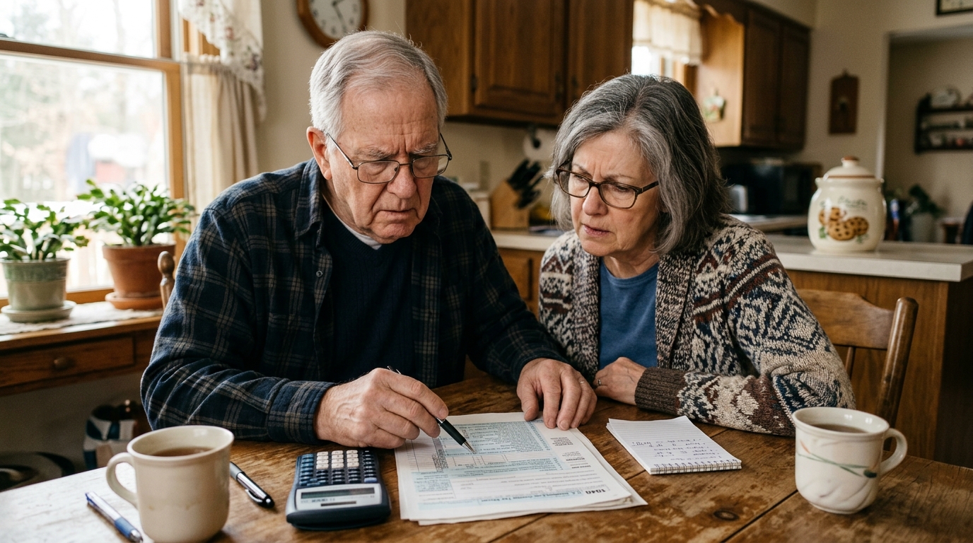 Couple de retraités examinant un document fiscal ensemble