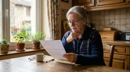 Retraitée examine son relevé de pension à table