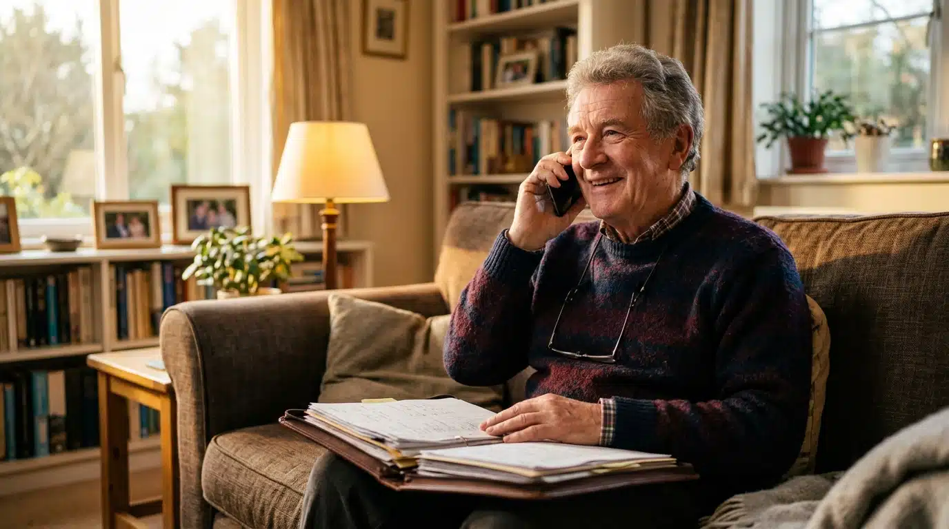 Retraité au téléphone avec ses documents de pension