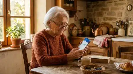Retraitée consultant son relevé bancaire sur smartphone