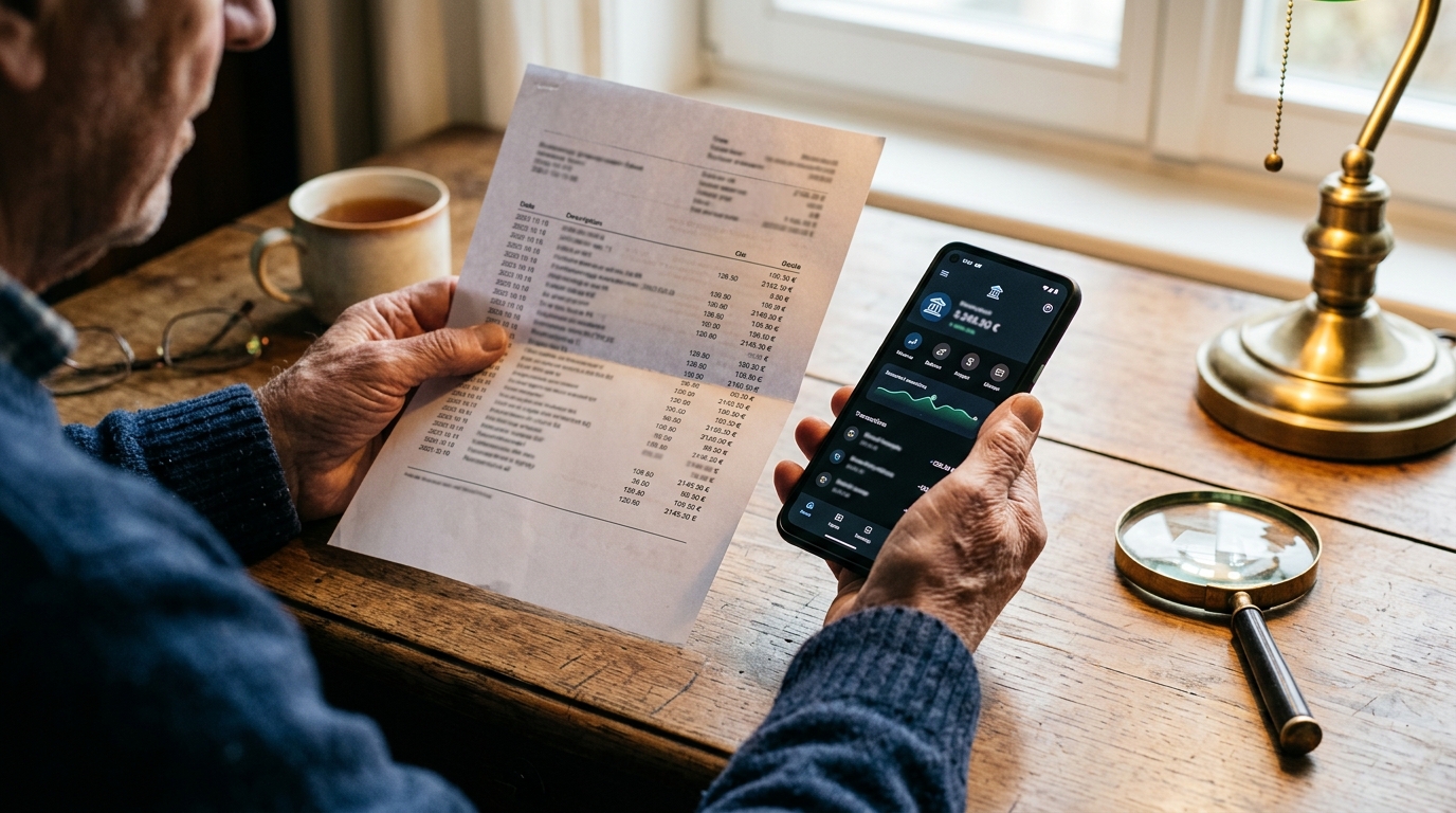 Mains examinant un relevé bancaire de pension retraite