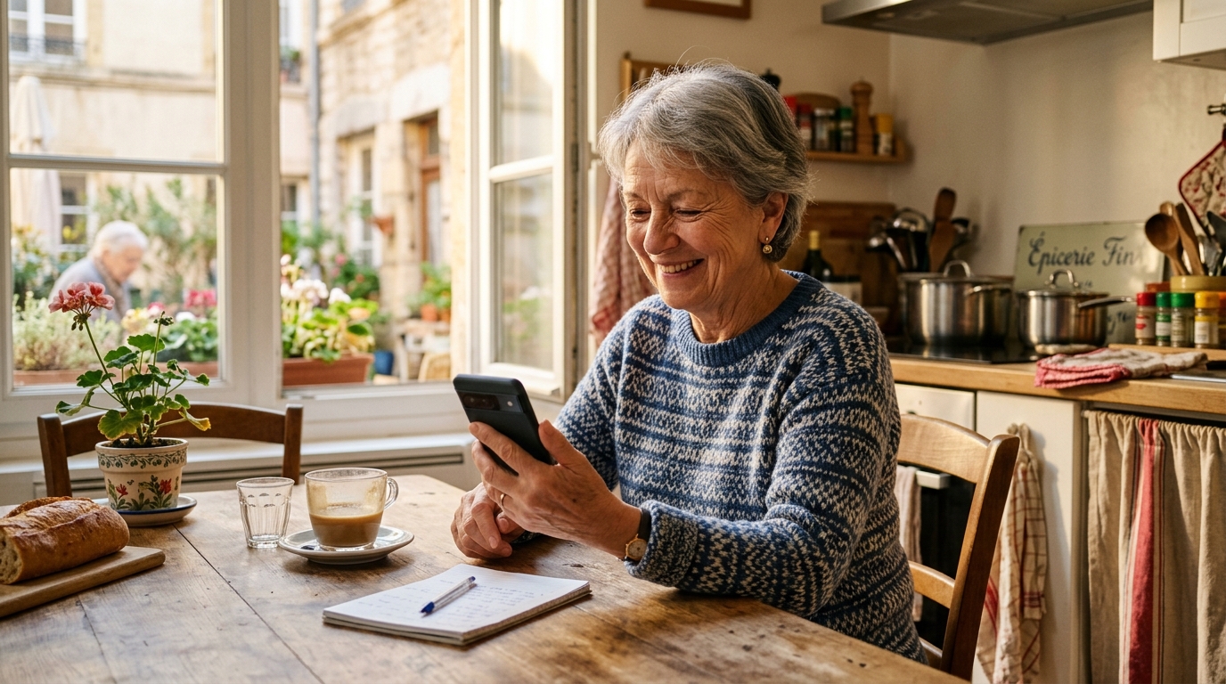 Femme retraitée consultant son relevé de pension souriante