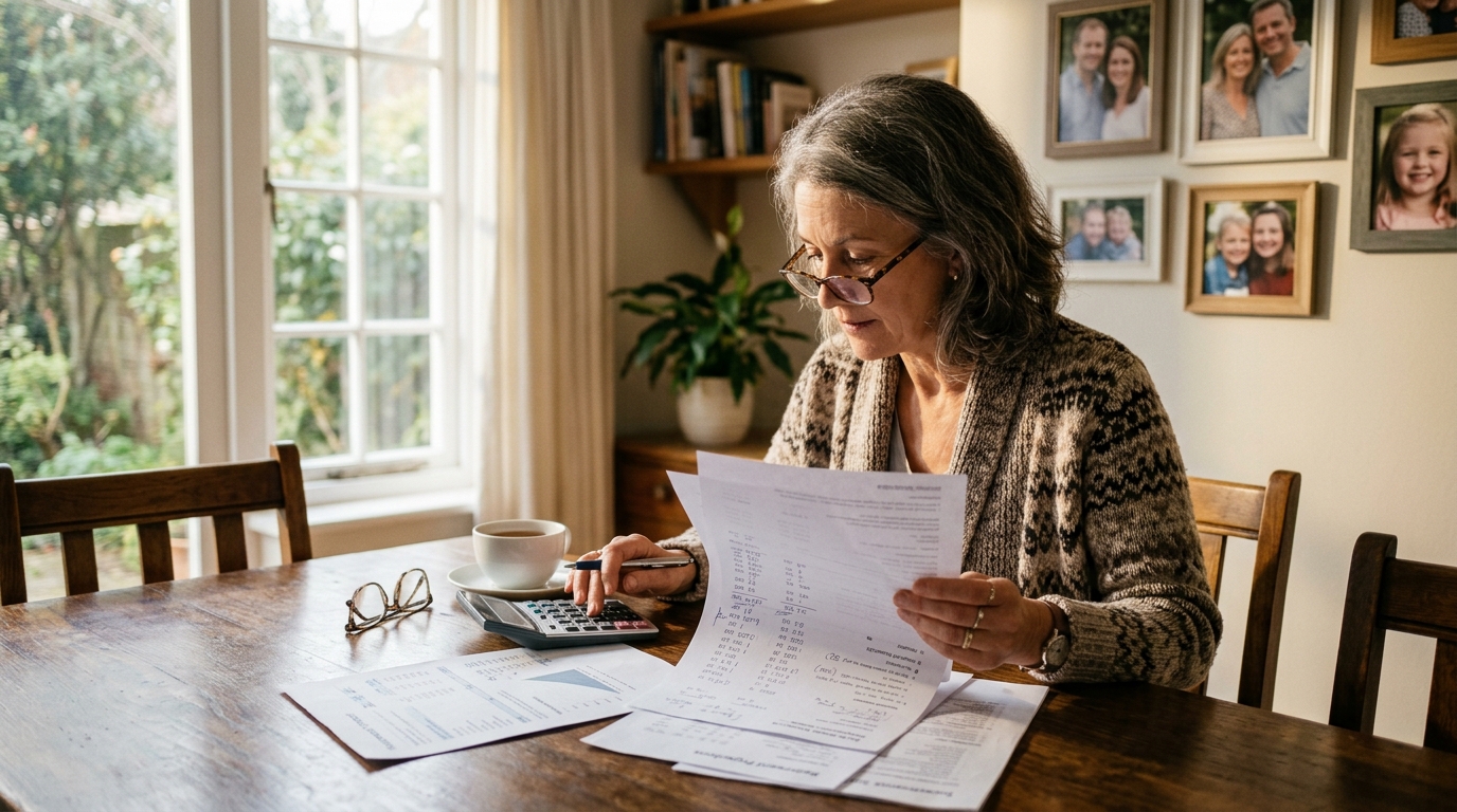 Mère de famille retraitée vérifiant ses documents de retraite