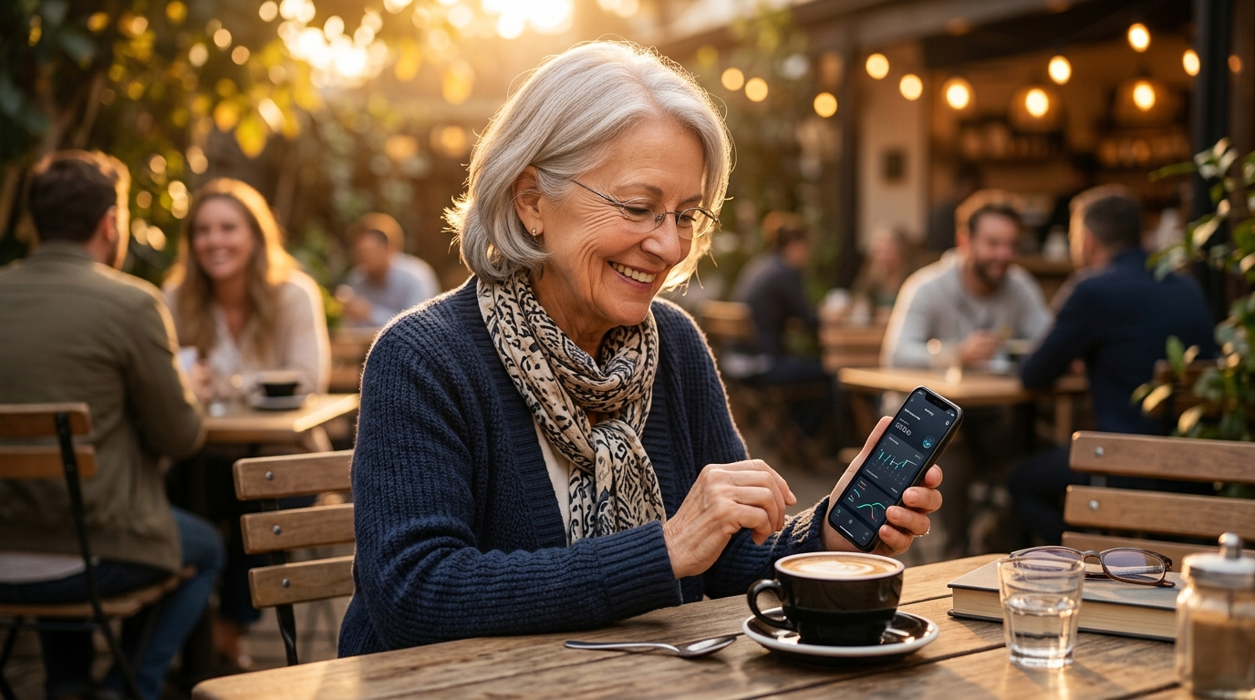 Retraitée consultant son application bancaire avec le sourire