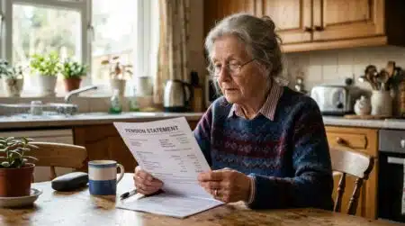 Retraité âgé lisant un relevé de pension à table