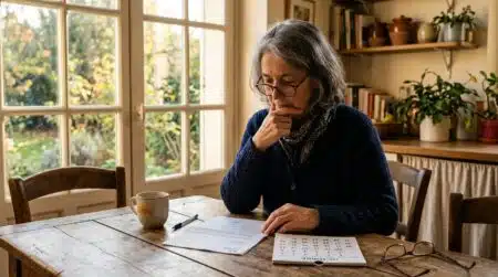Femme senior consultant un courrier retraite à table