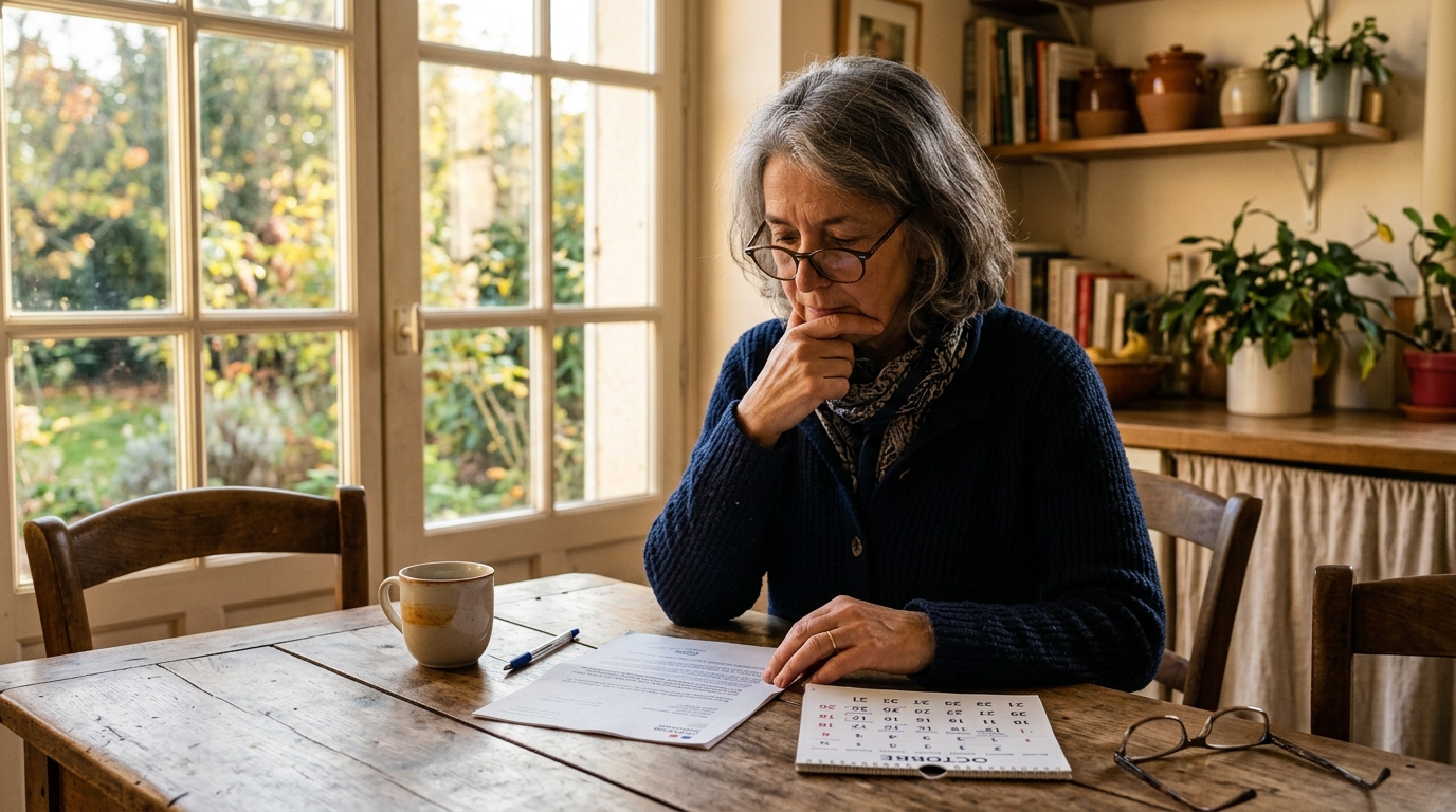 Femme senior consultant un courrier retraite à table