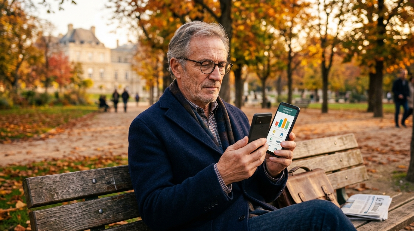 Homme senior consultant un simulateur retraite sur smartphone
