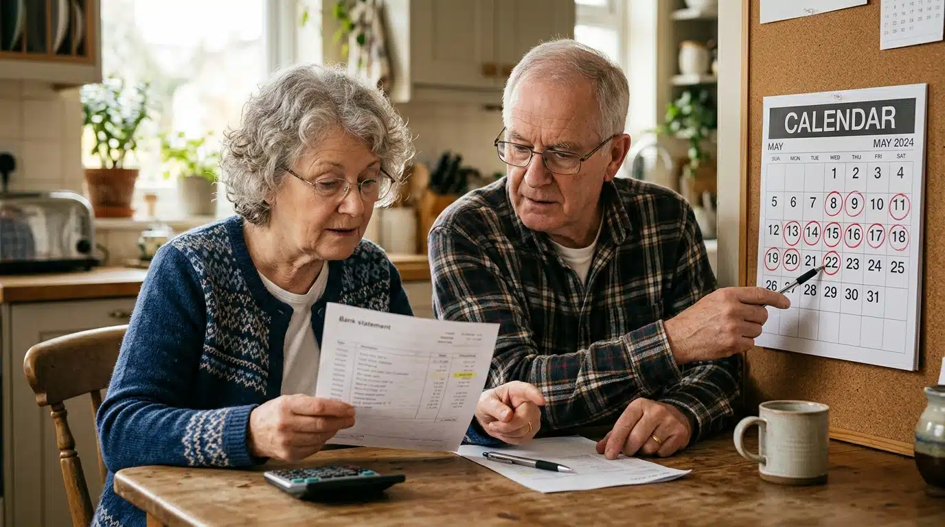 Couple de retraités consultant un relevé bancaire à table
