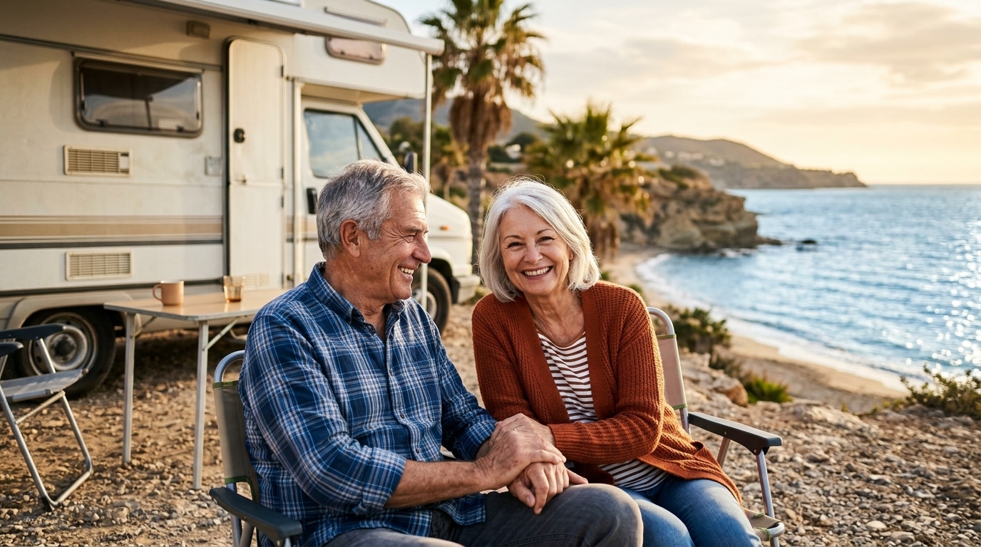 Couple de retraités souriant devant leur camping-car en Espagne