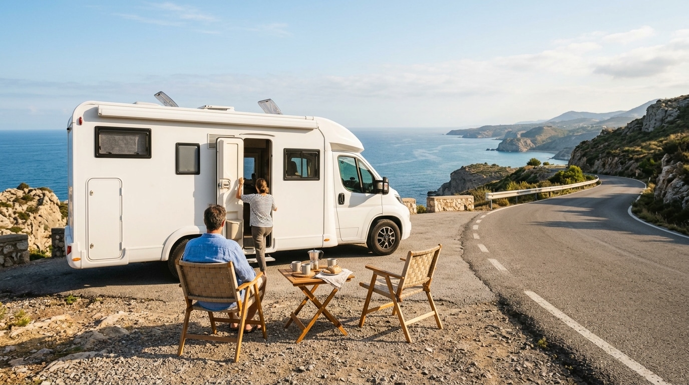 Camping-car garé face à la mer en Espagne au soleil
