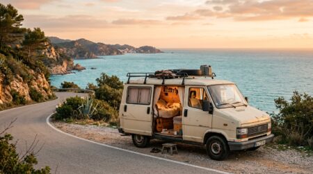 Vieux camping-car garé sur une route côtière espagnole