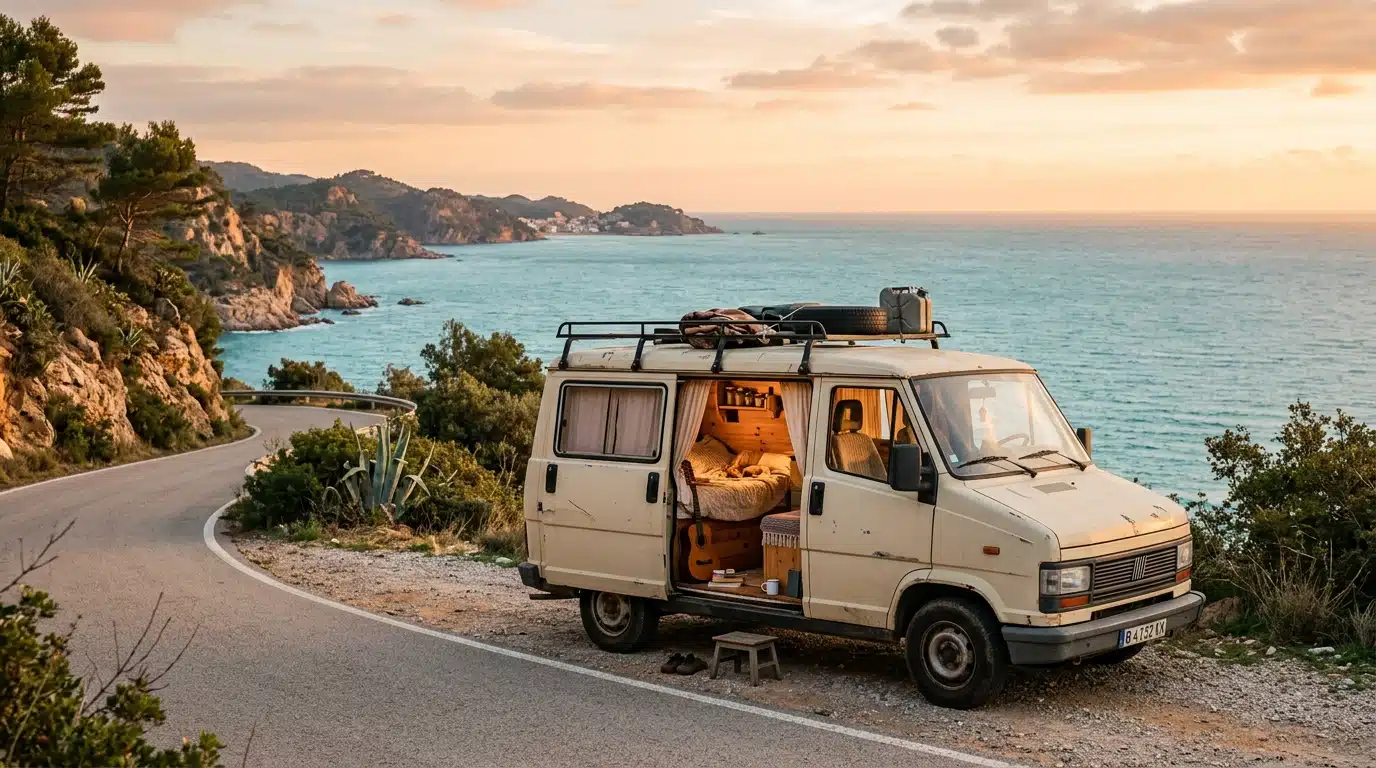Vieux camping-car garé sur une route côtière espagnole