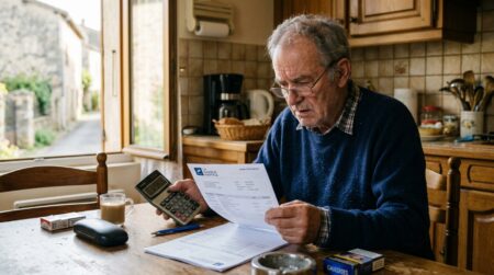 Retraité inquiet consultant ses relevés bancaires à table