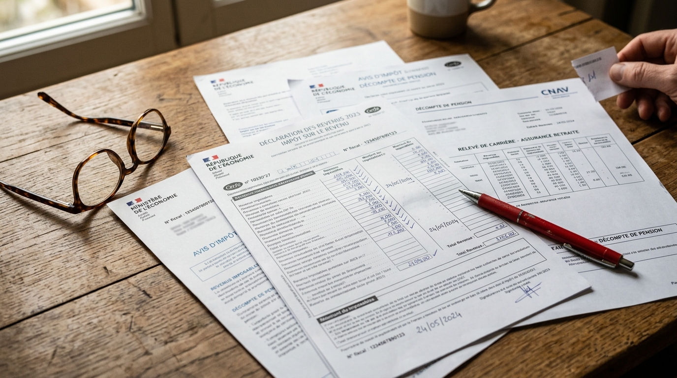 Documents fiscaux et relevé de pension sur un bureau