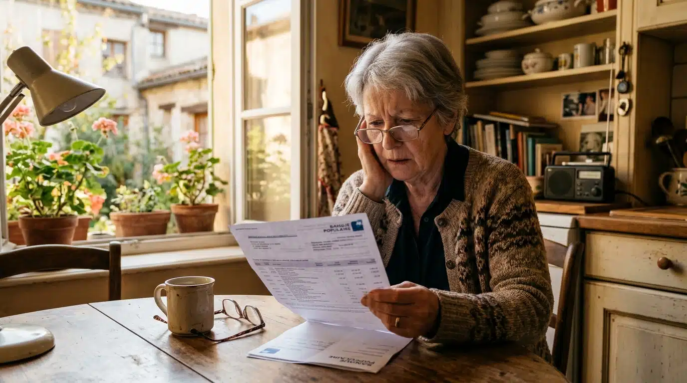 Retraitée examine son relevé de pension à la maison