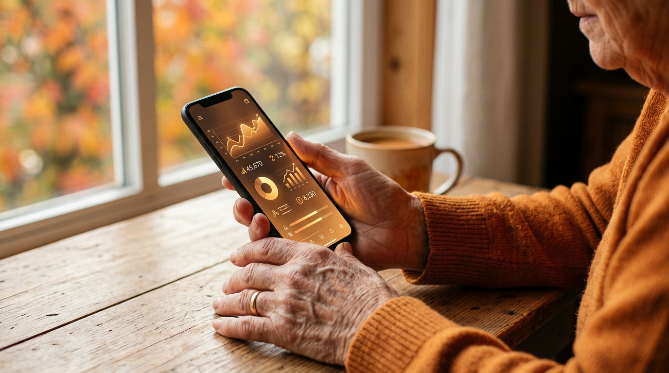 Main âgée consultant l'application Agirc-Arrco sur smartphone