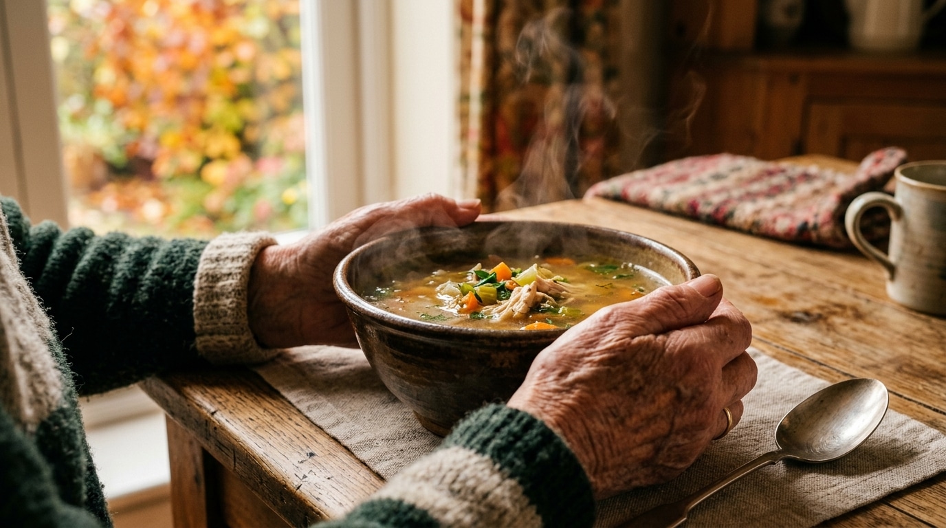 Bol de bouillon de poule fumant tenu par des mains âgées