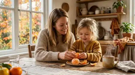 Enfant qui épluche une clémentine à table