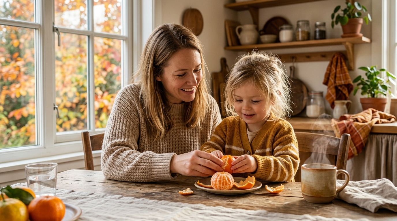 Enfant qui épluche une clémentine à table