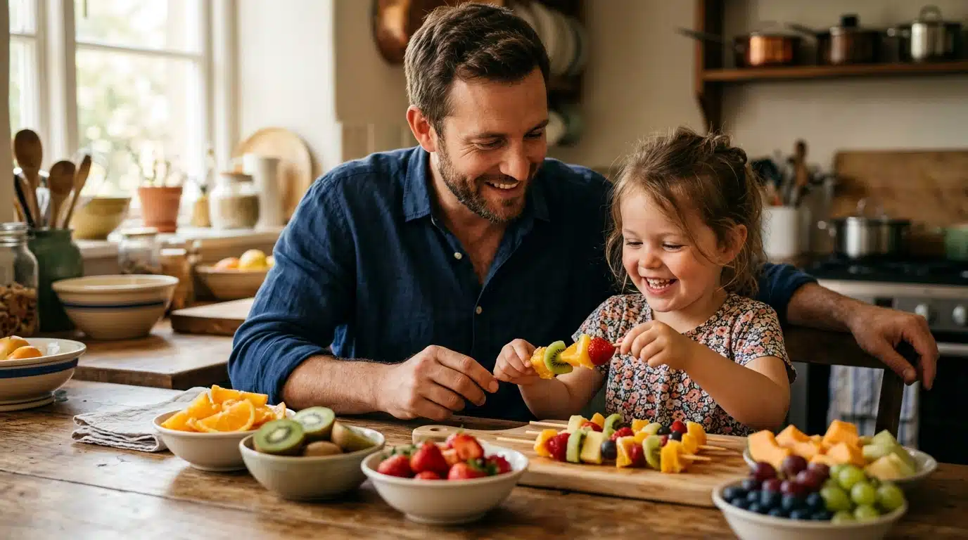 Père et fille préparant une brochette de fruits colorée