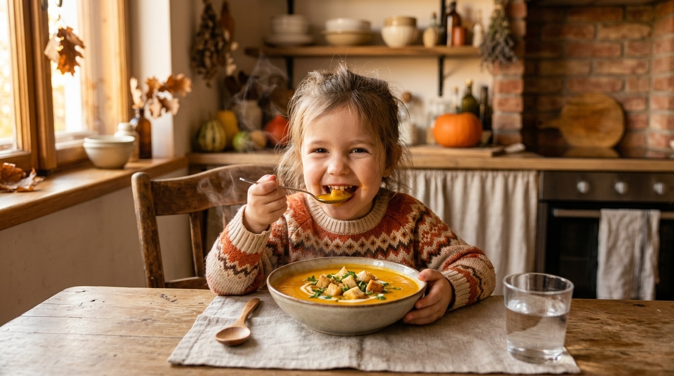 Enfant mangeant une soupe de potiron chaude
