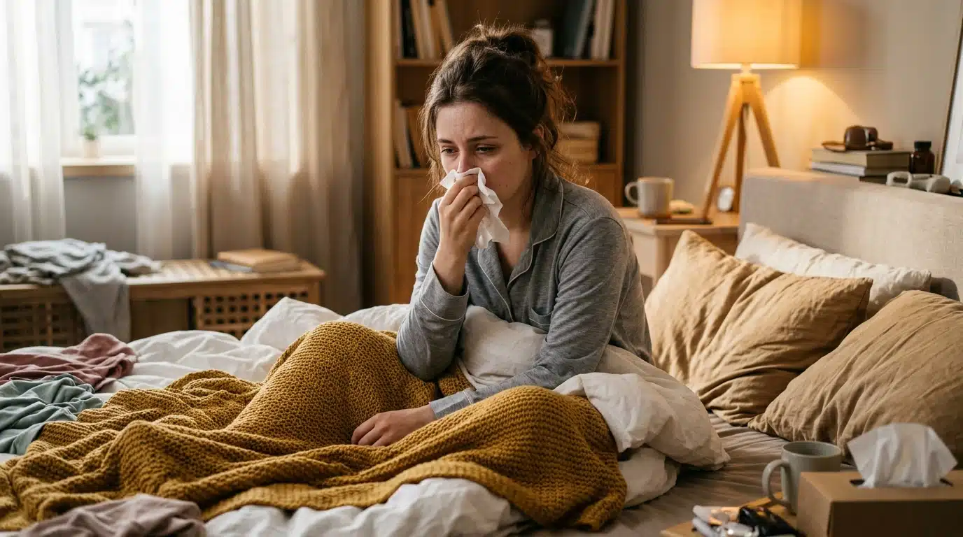 Femme malade avec un mouchoir au réveil
