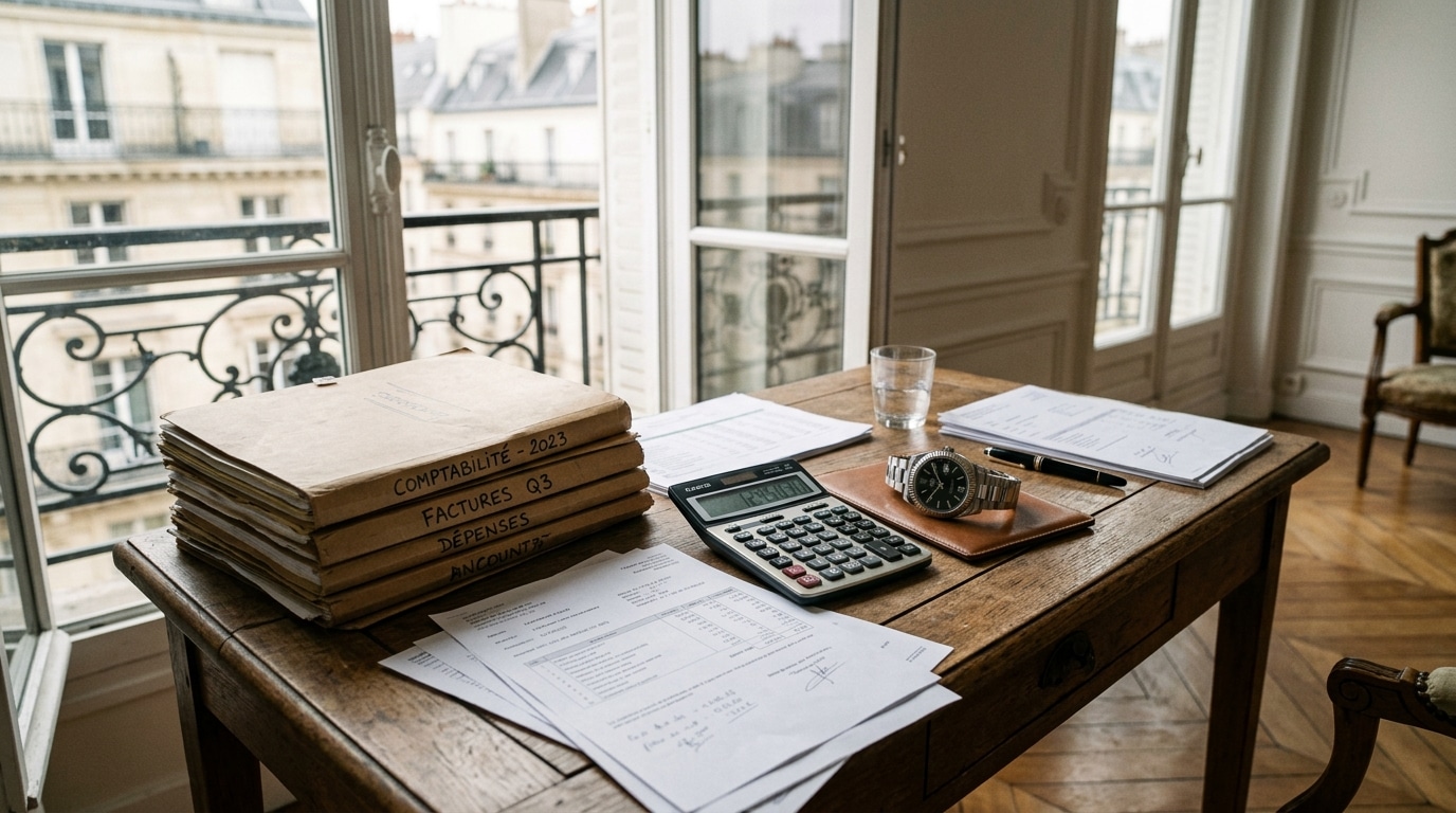 Dossiers comptables et montre de luxe posés sur un bureau dans un appartement parisien