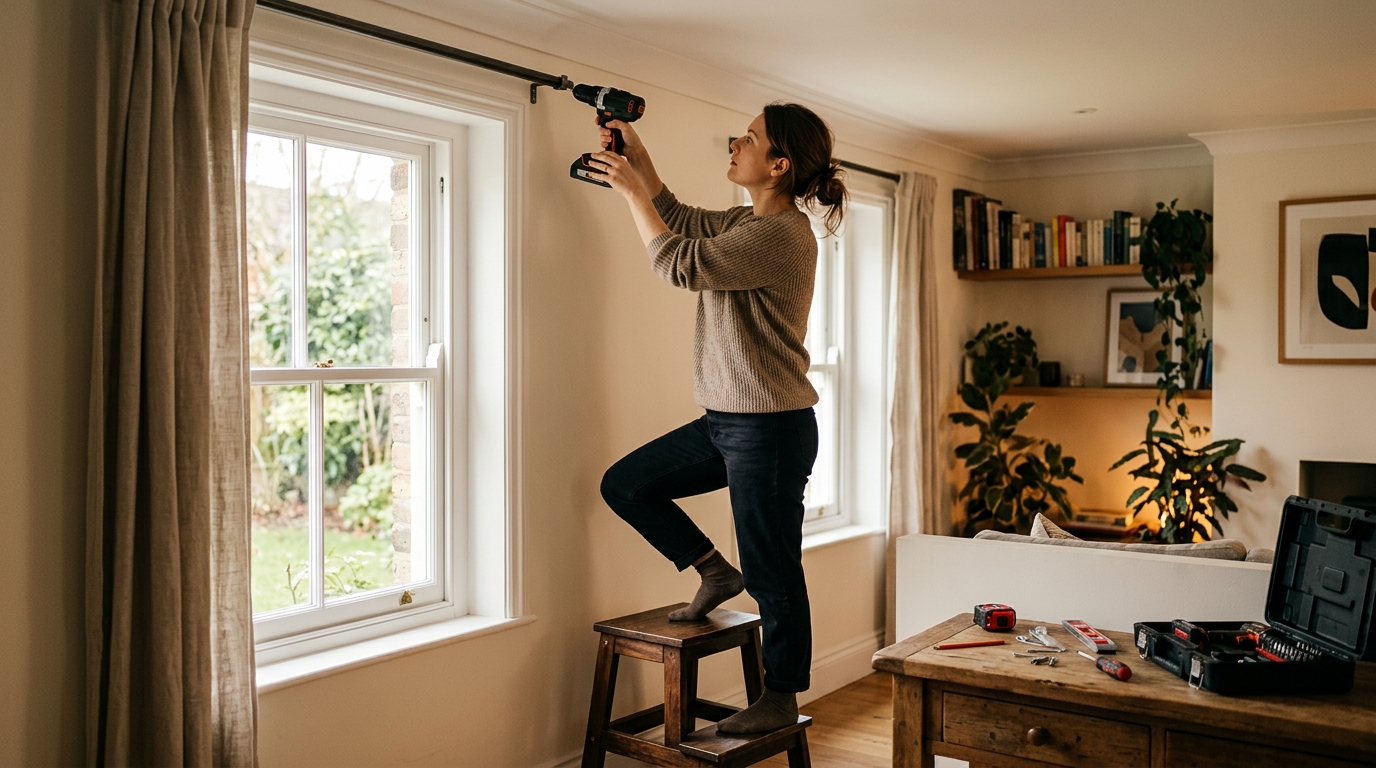 Installation d'une tringle à rideaux proche du plafond