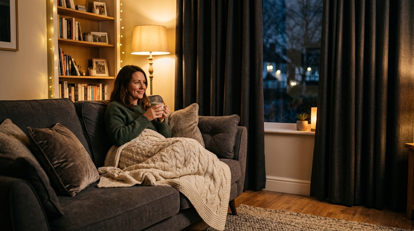 Femme confortablement installée près de rideaux thermiques fermés la nuit