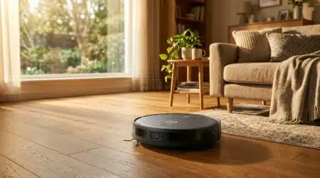 Robot aspirateur avec caméra frontale dans un salon