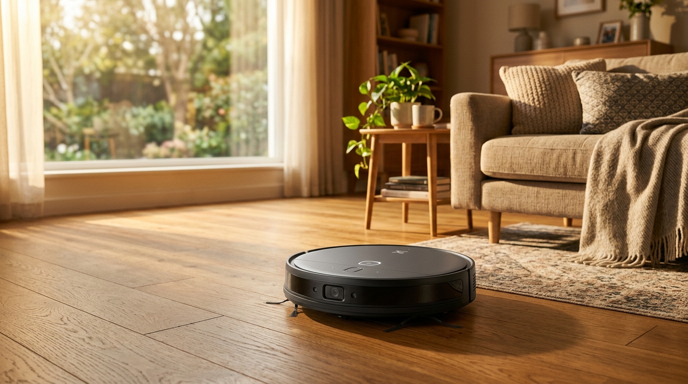 Robot aspirateur avec caméra frontale dans un salon
