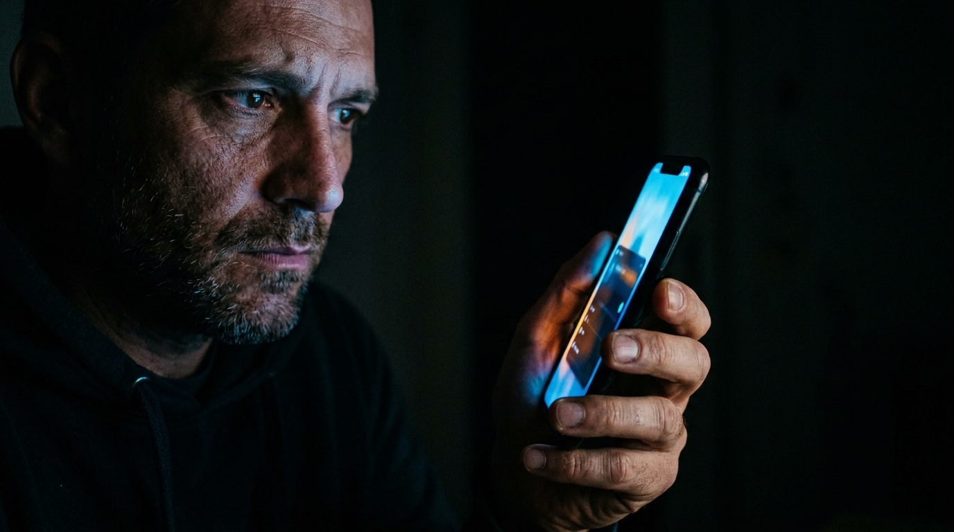 Homme consultant discrètement une application sur smartphone la nuit