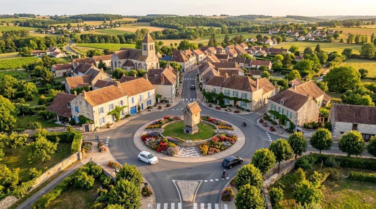 Rond-point fleuri avec moulin décoratif en France
