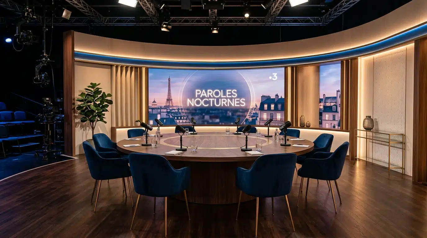 Plateau de télévision vide évoquant le décor d'une émission politique
