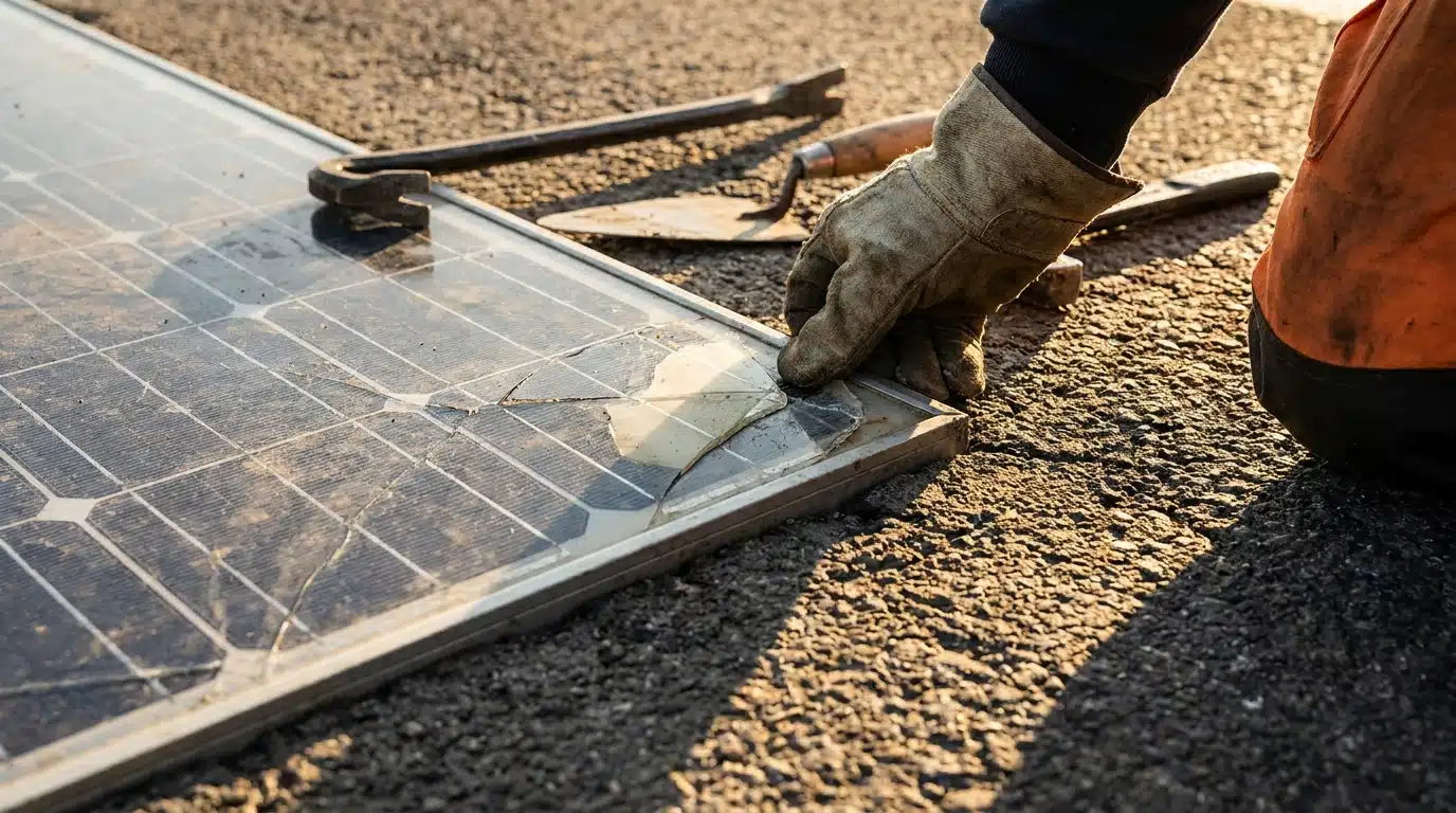 Main examinant un panneau photovoltaïque routier endommagé