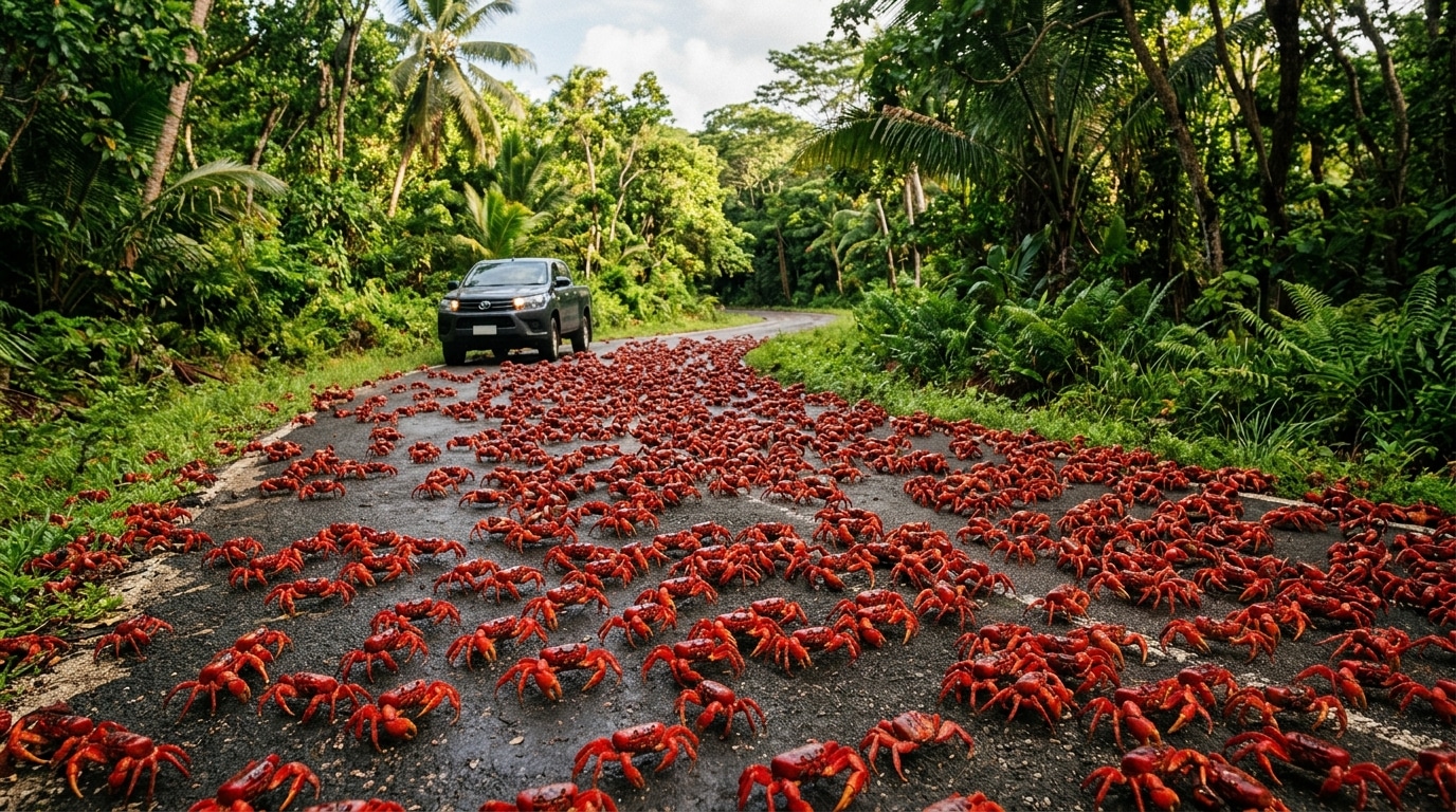 Route tropicale couverte de crabes rouges en migration