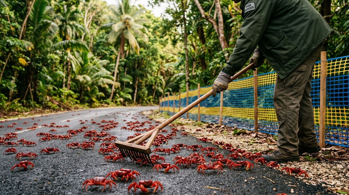 Râteau dégageant des crabes rouges sur la chaussée