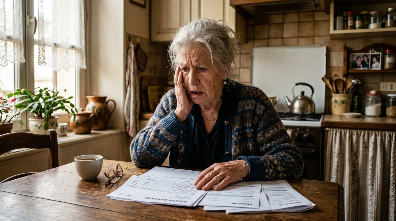 Retraité regardant ses documents de pension avec inquiétude
