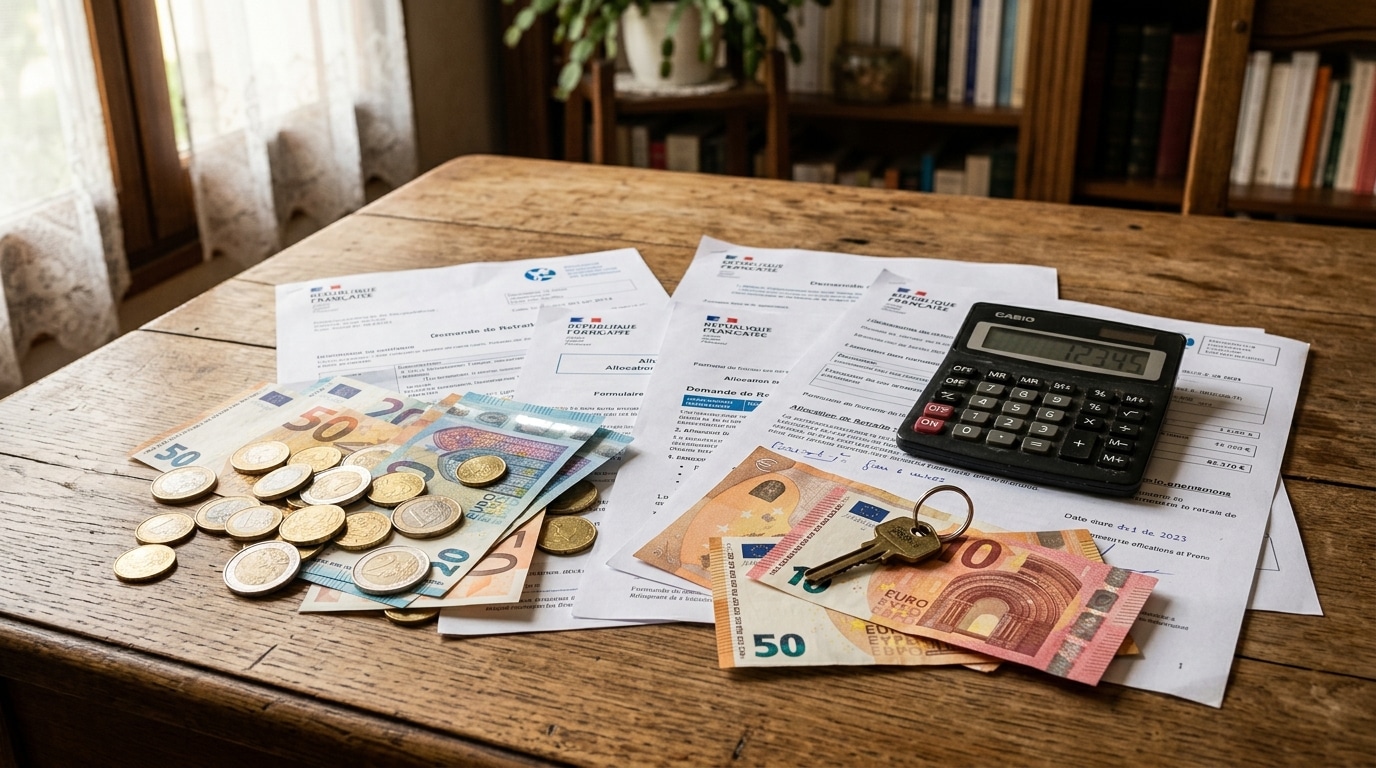 Documents administratifs, argent et clé de maison sur table