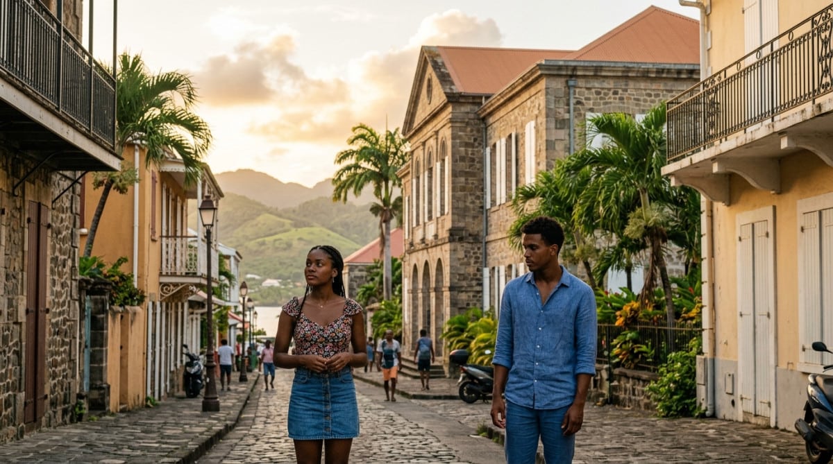 Rue ensoleillée d'une île d'outre-mer avec un couple éloigné