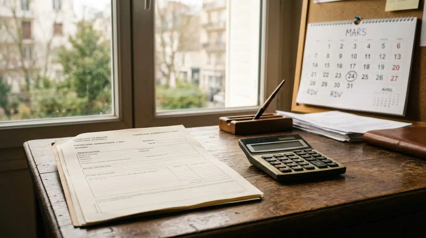 Calculatrice et documents administratifs sur un bureau
