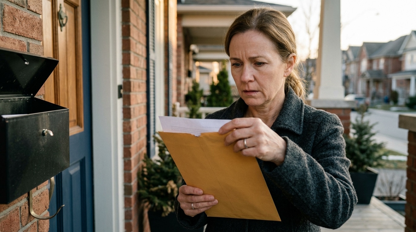 Main ouvrant une enveloppe officielle près d'une boîte aux lettres