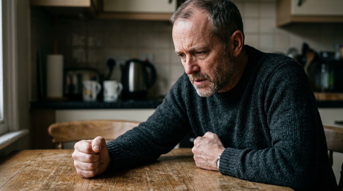 Homme aux poings serrés assis dans une cuisine sombre