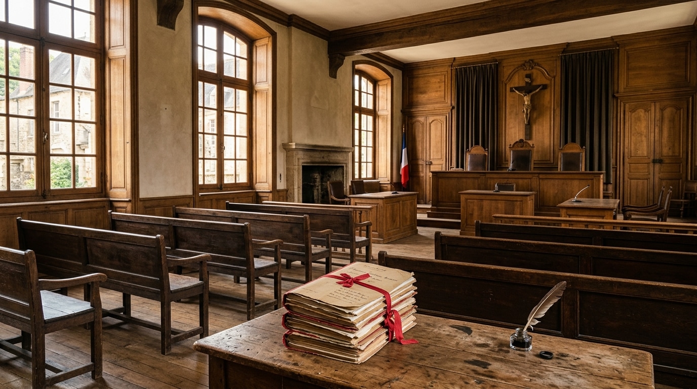 Dossiers judiciaires liés par un ruban rouge au tribunal