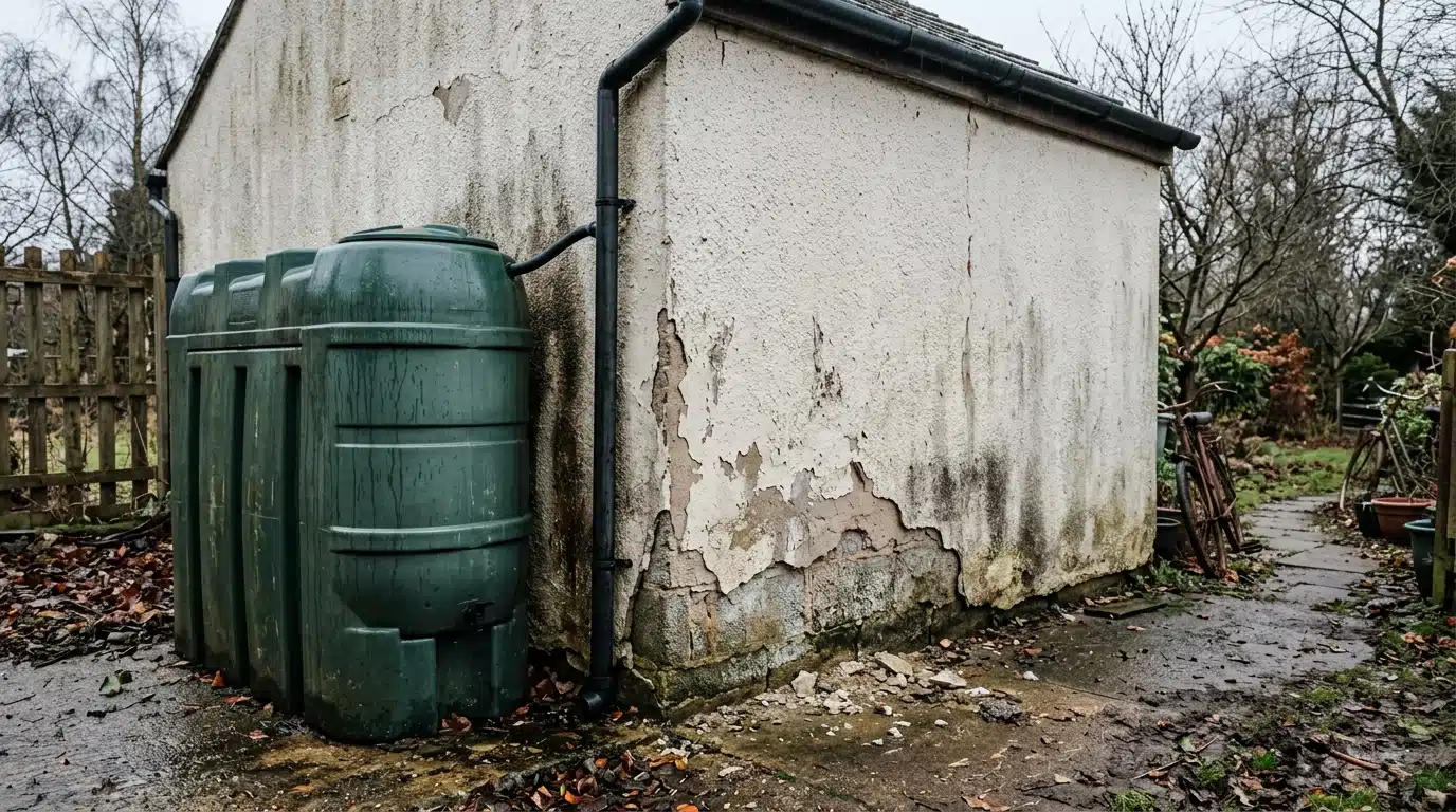 Mur de garage fissuré derrière une cuve d'eau de pluie