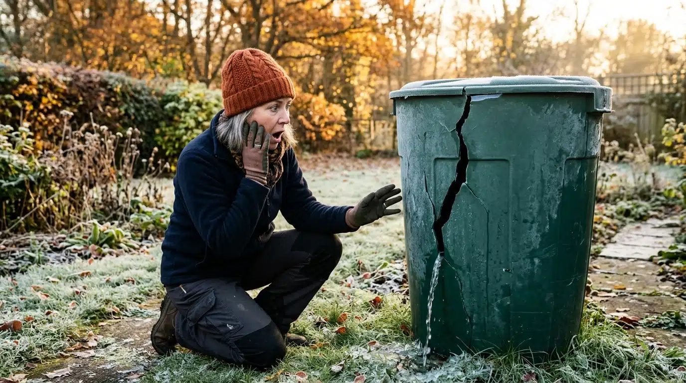 Femme découvrant sa cuve d'eau de pluie fissurée par le gel