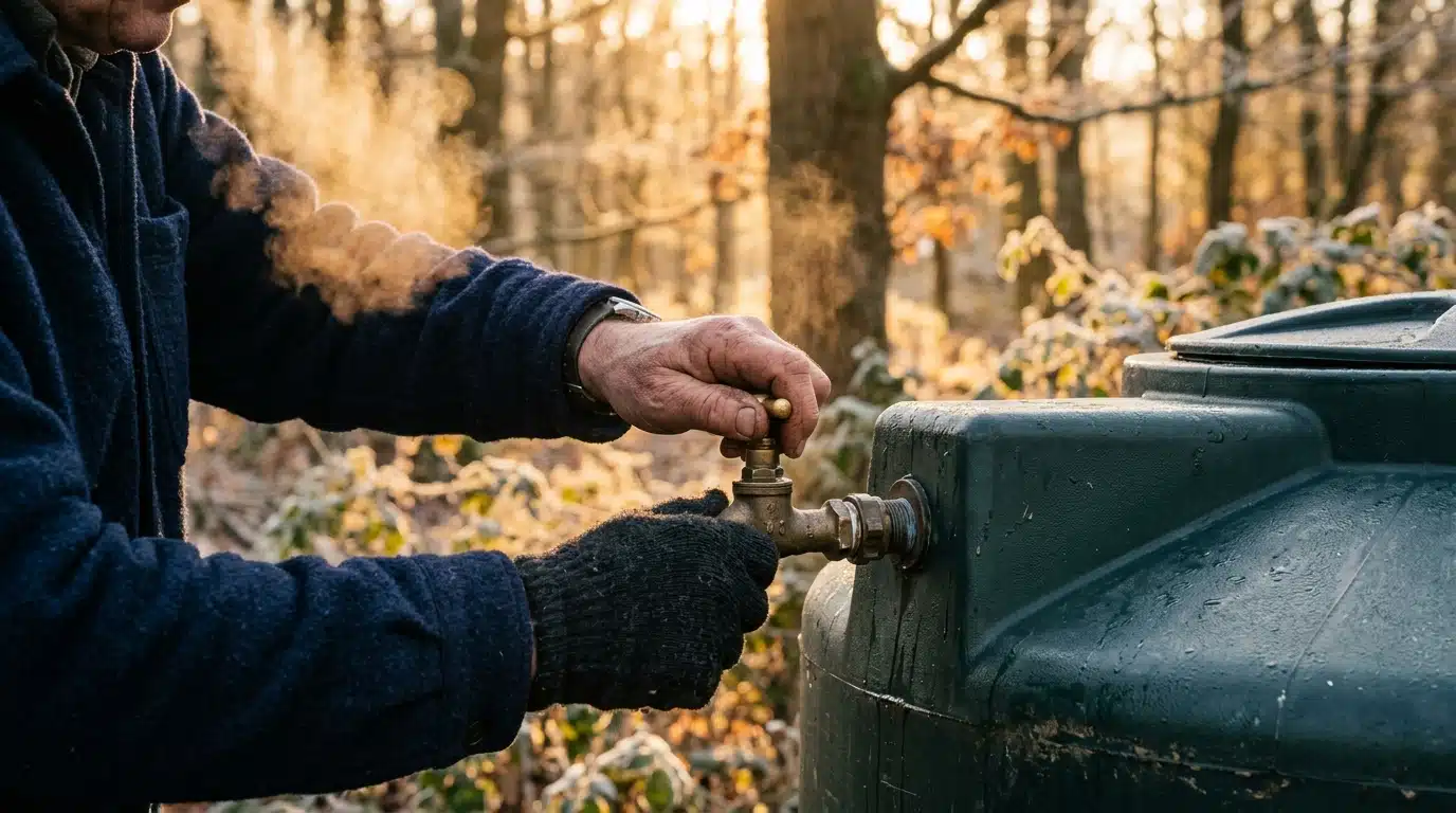 Main ouvrant le robinet de purge d'une cuve extérieure